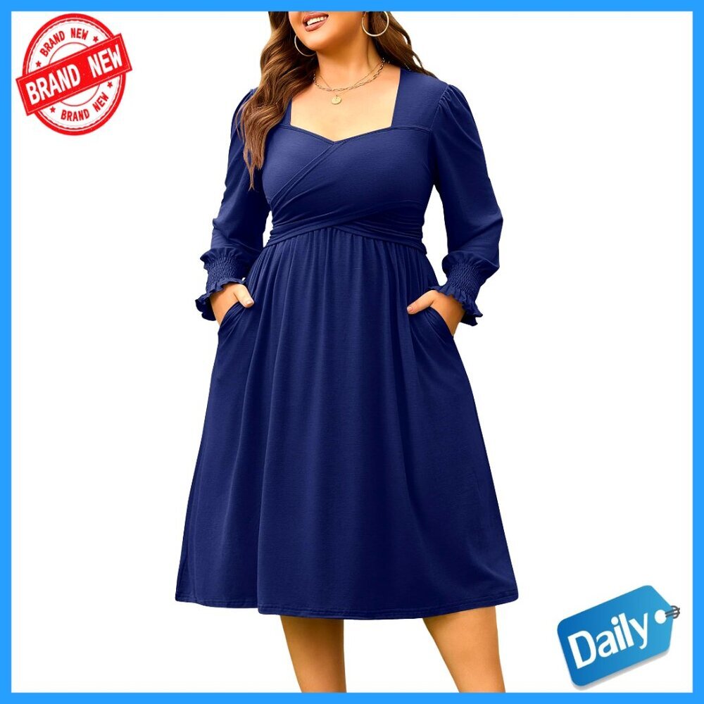 Plus Size Maxi Dress Long Sleeve Square Neck Back Tie Pockets Work Elegant